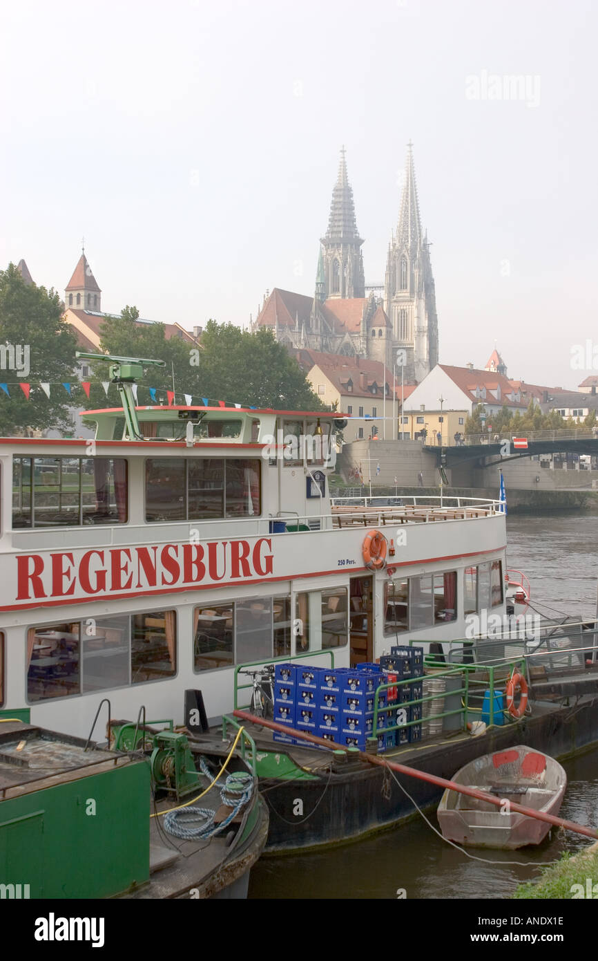 A tourist cruise boat preparing for the day at the ancient city of Regensburg on the Danube River Germany Western Europe Stock Photo