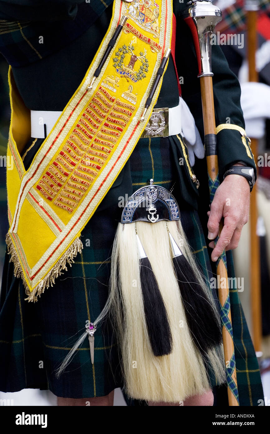 Sporran on Drum Major of band of Scottish pipers at the Braemar Games Highland Gathering Stock Photo