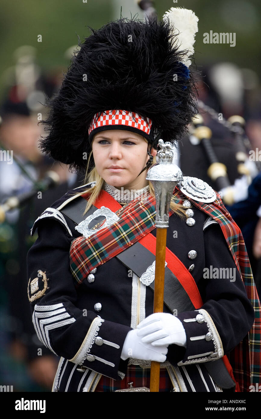 Drum Major of a massed band of Scottish pipers at the Braemar Games Highland Gathering Scotland UK Stock Photo