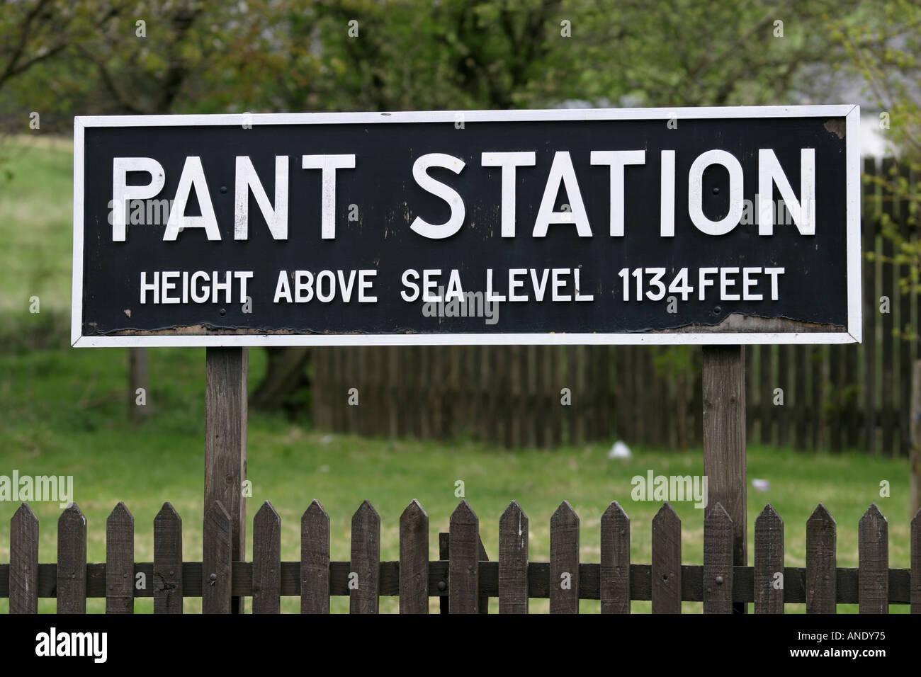 Pant Station sign Brecon Mountain Railway Based on the old Brecon and Merthyr Railway opened in 1859 and closed in 1963 Stock Photo
