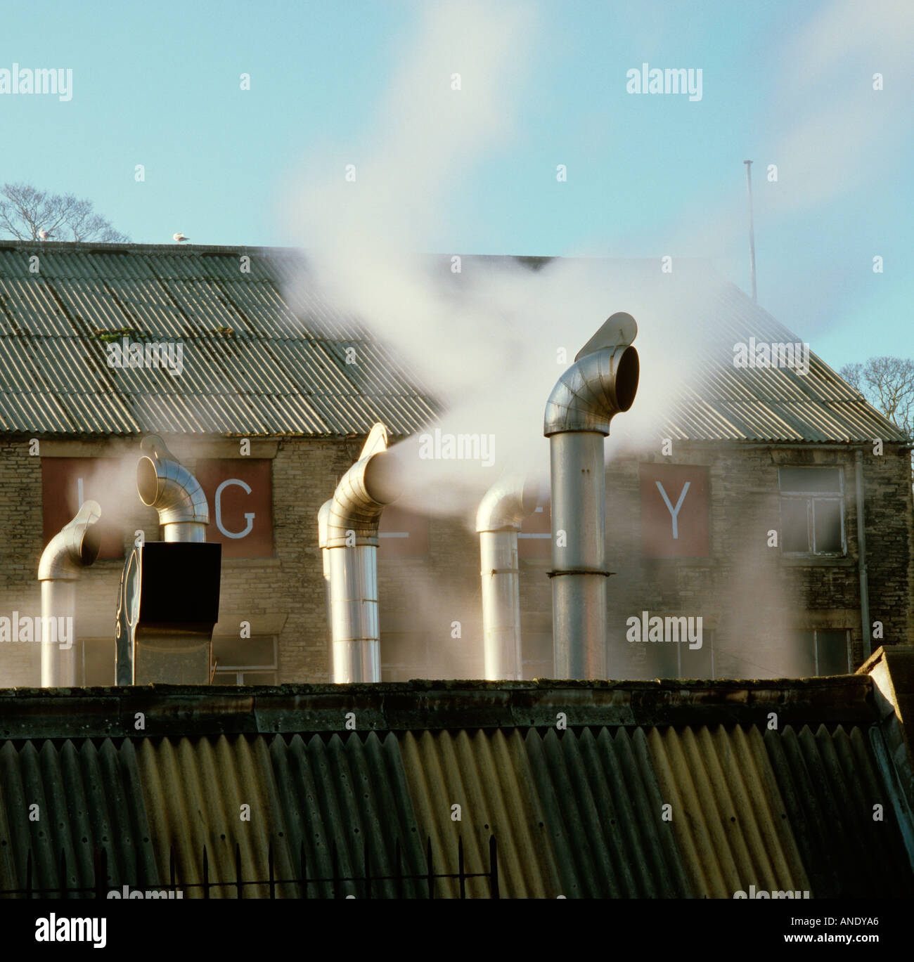 Cheshire Bollington Shrigley Dyers chimneys emitting vapour Stock Photo
