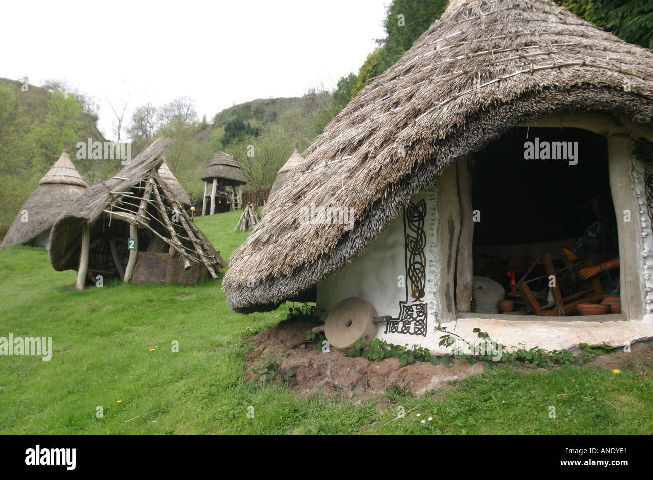 Dan yr Ogof Caves Iron Age farm reconstruction 700 BC 75 AD Stock Photo
