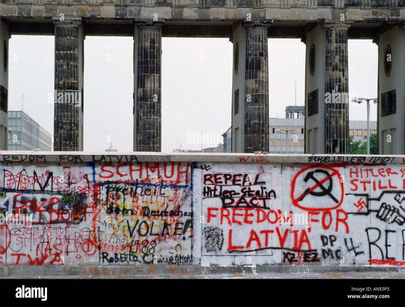 Graffiti including Freedom for Latvia on Berlin Wall at Brandenberg Gate Berlin Germany Stock Photo