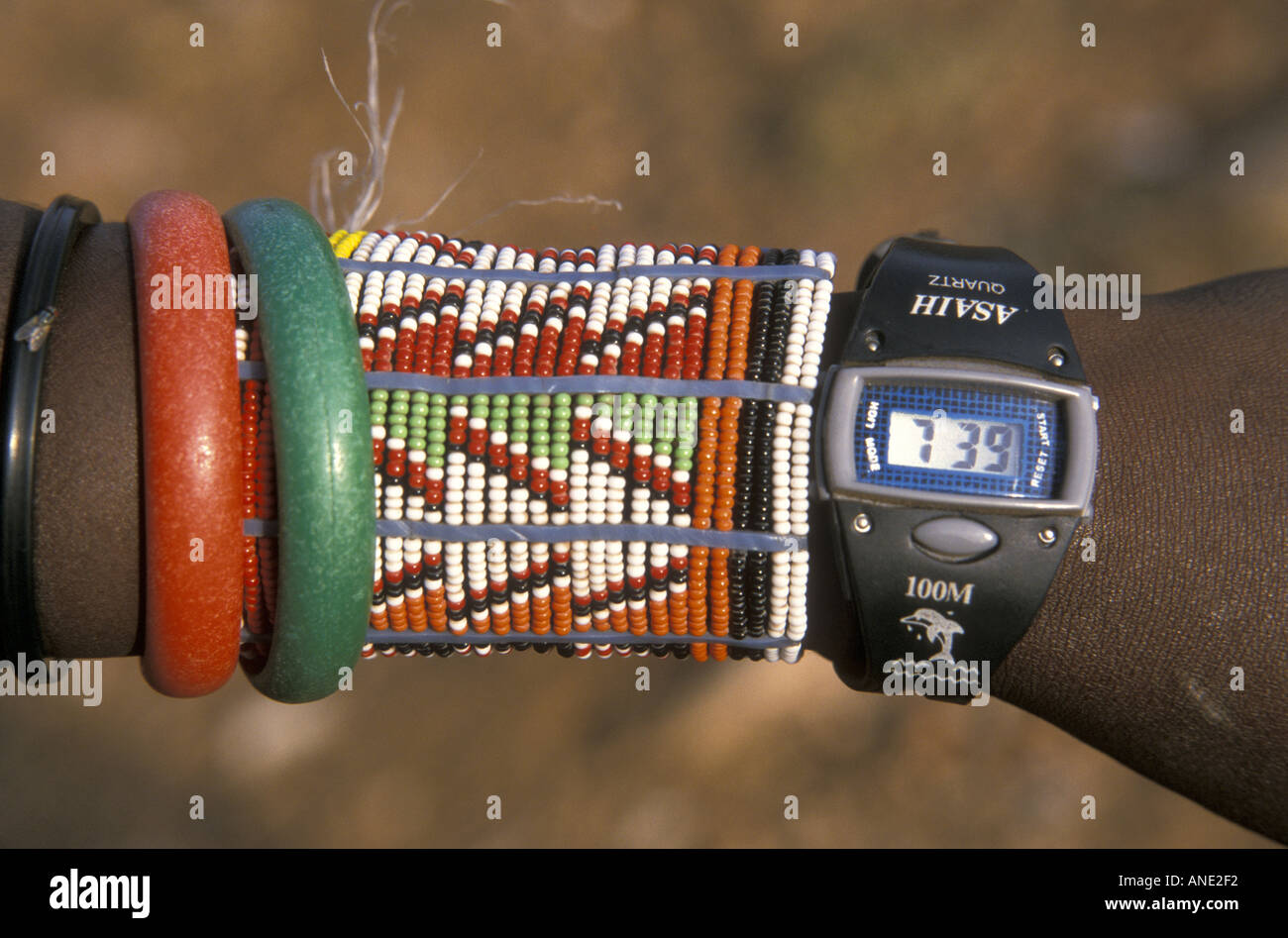 Samburu bracelets and digital watch Stock Photo