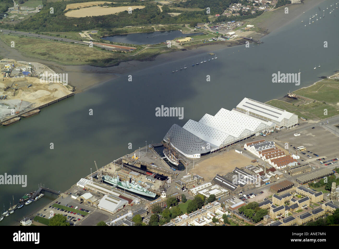 Aerial view of Historic Dockyard Chatham, on the banks of the River Medway in Kent Stock Photo