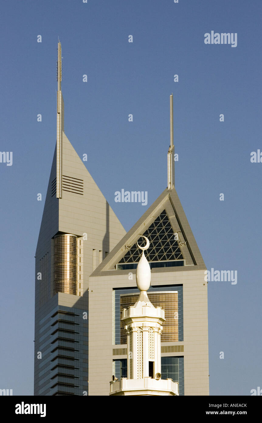 Emirates Towers and Mosque. UAE Stock Photo