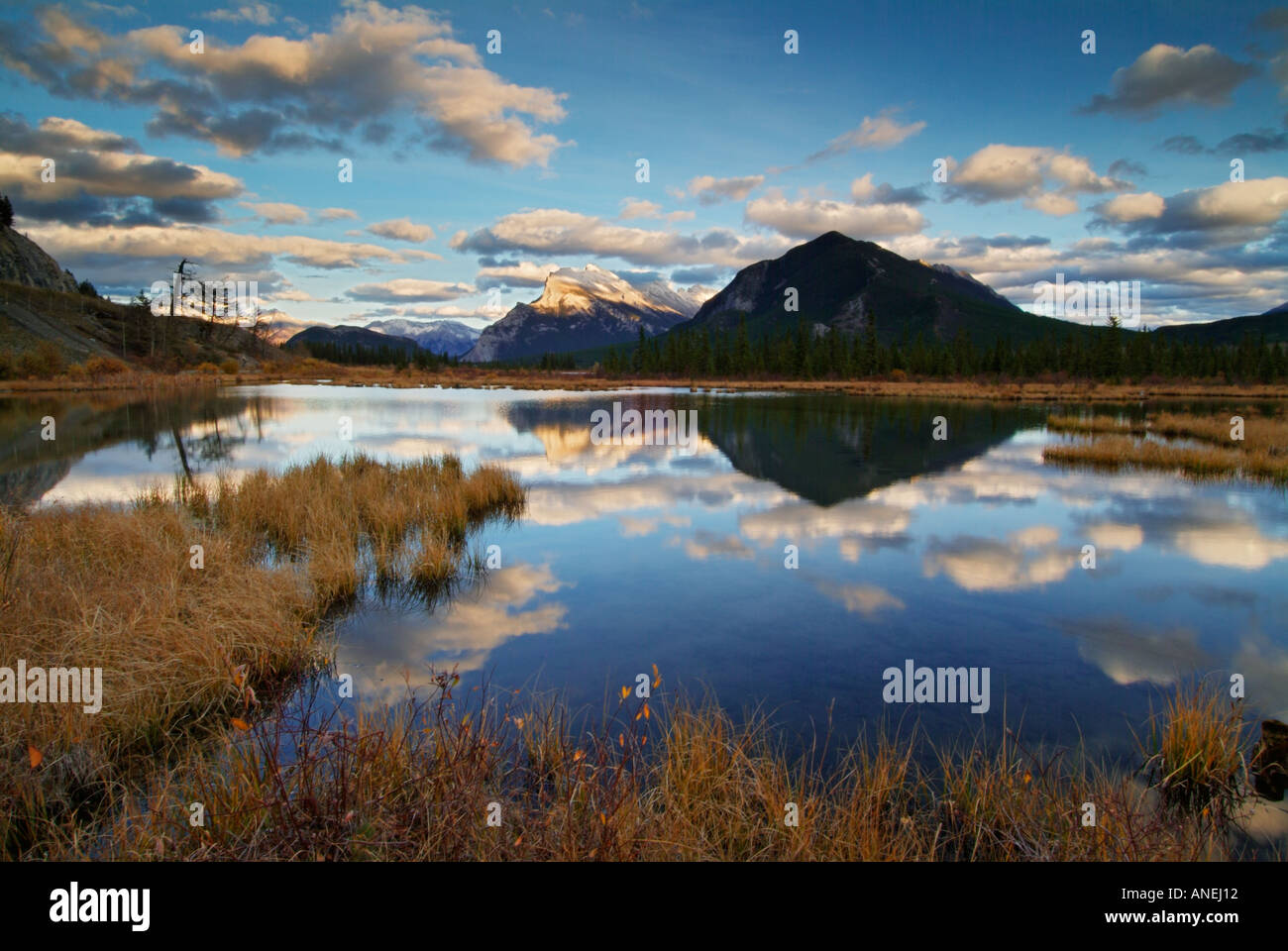 Sunset over Mount Rundle from Vermillion Lakes Drive near Banff Canadian Rockies Alberta Canada Stock Photo
