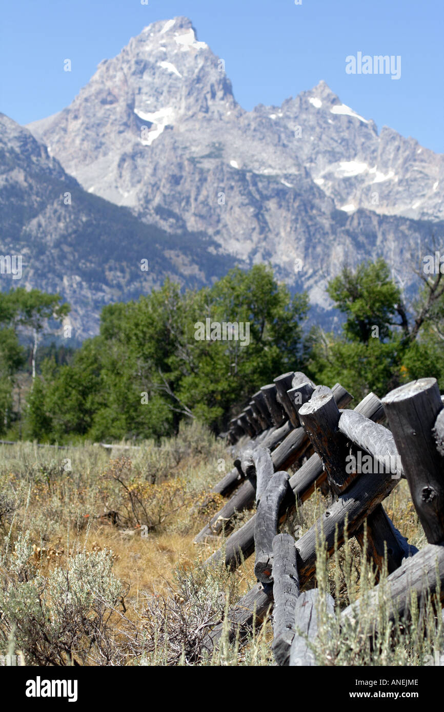 Wooden Post Fence in front of the Grand Tetons, Wyoming, USA Stock Photo