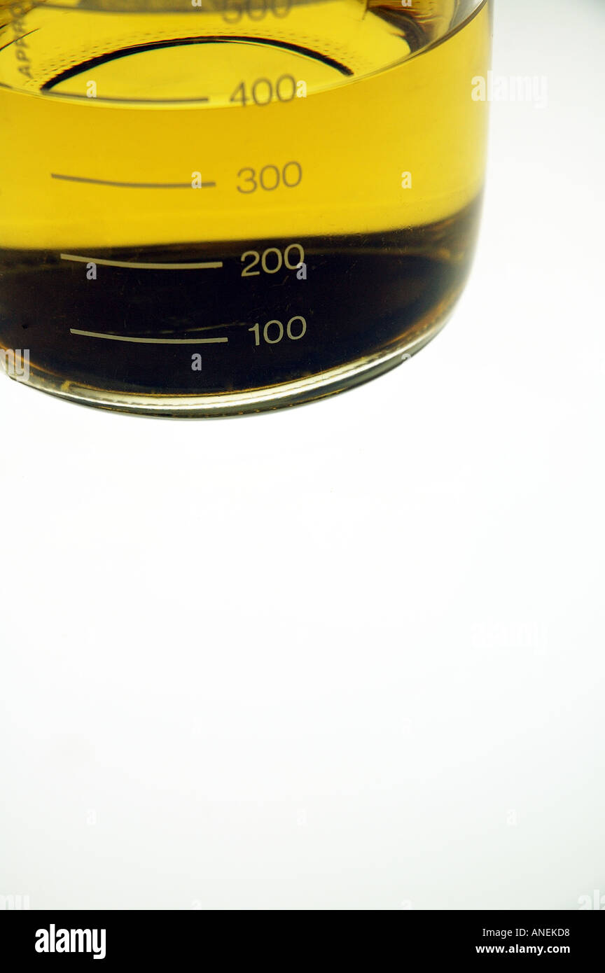 Scientific solution with volumetric measurements on glass bottle Stock