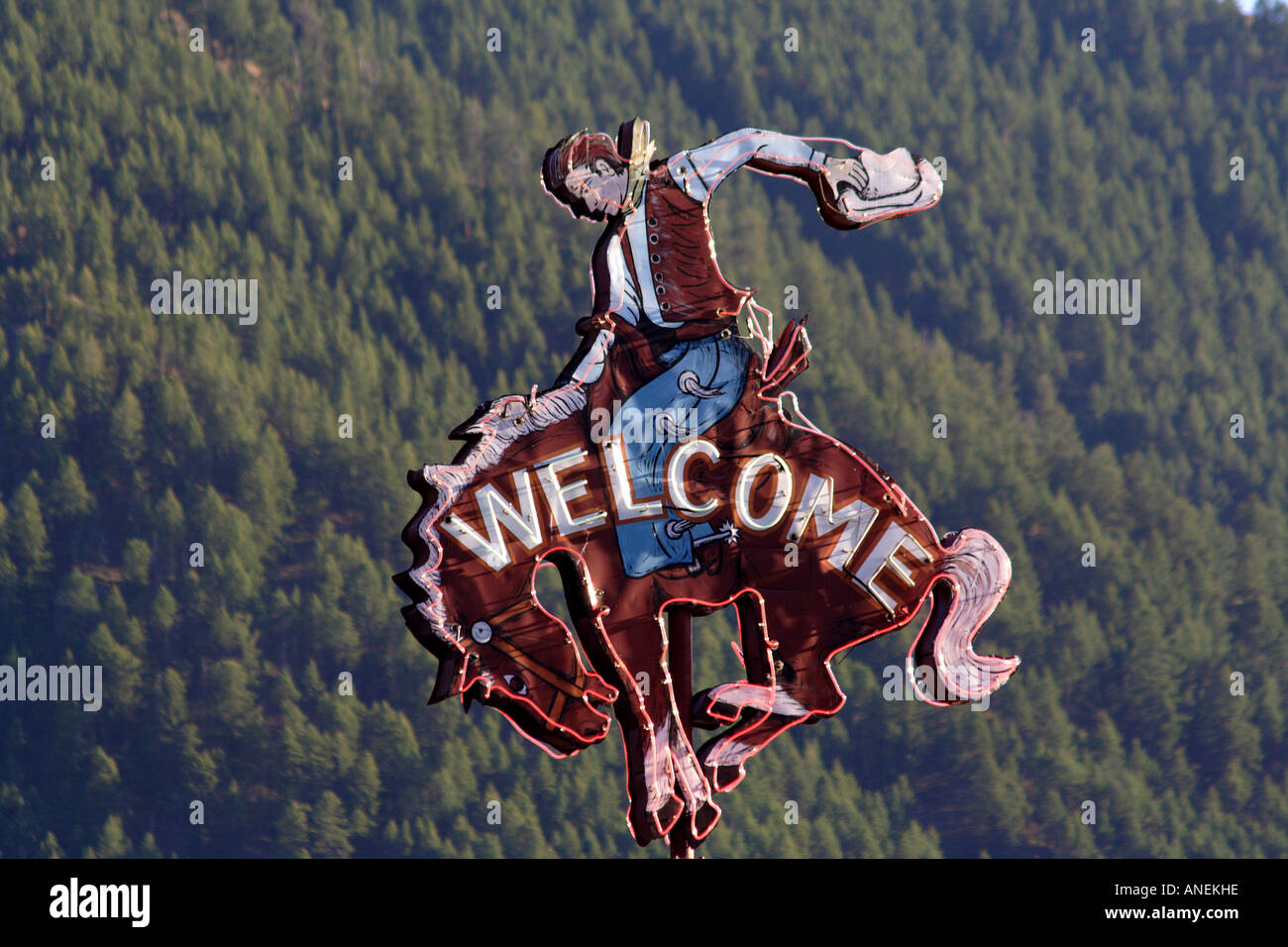 Neon Bucking Bronco Rodeo Welcome Sign at Cowboy Bar in Jackson Hole, Wyoming Stock Photo