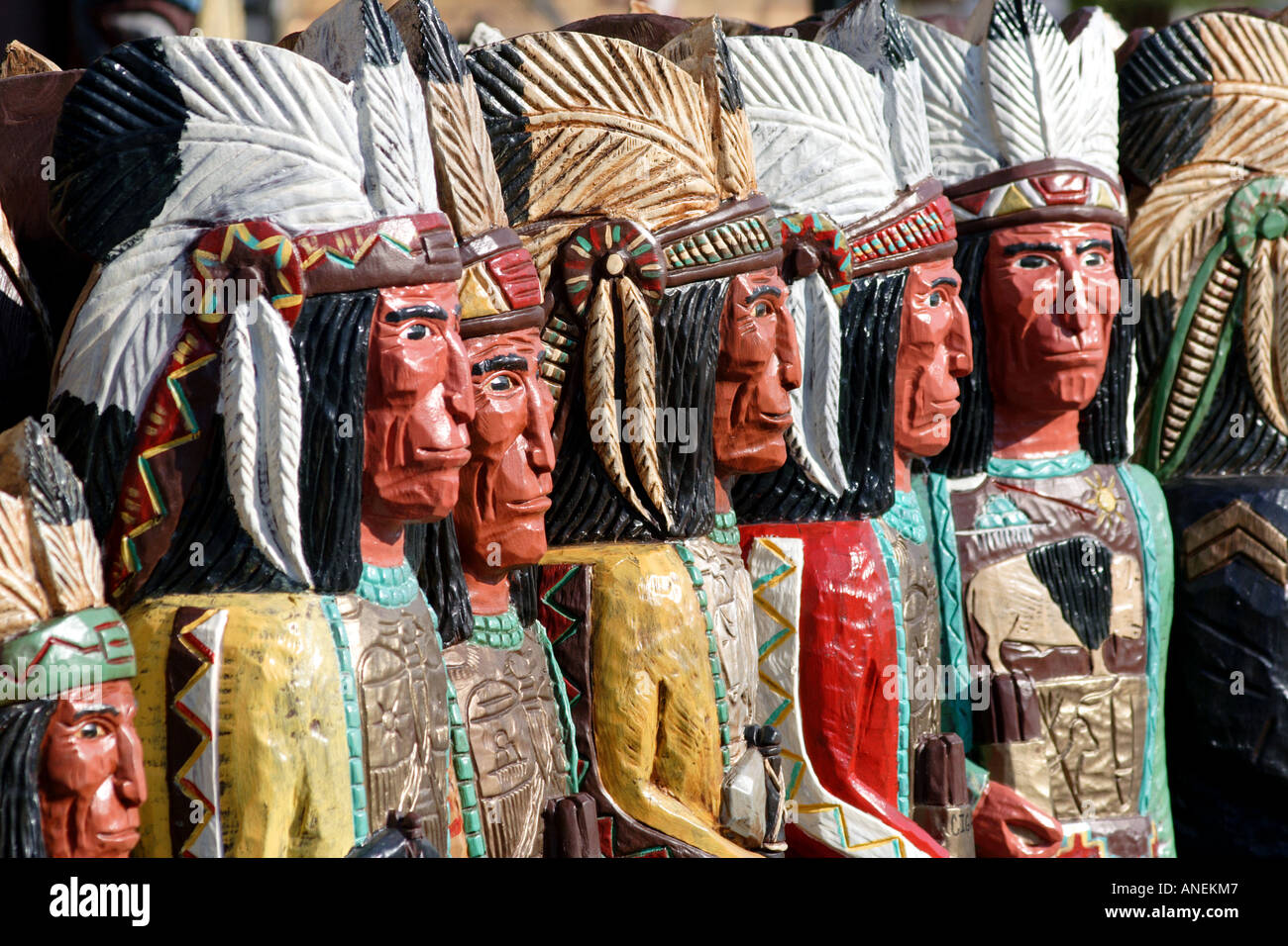 Statues of Native American Indians Carved from Wood and Painted