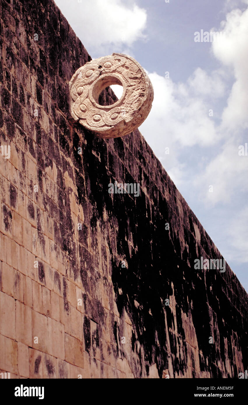 Goal ring in ancient Mayan ball court Chichen Itza Yucatan Mexico Stock