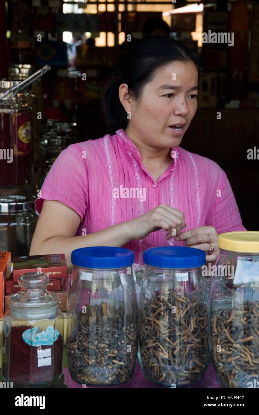 Woman dispensing herbal medicines in History Street Hangzhou China