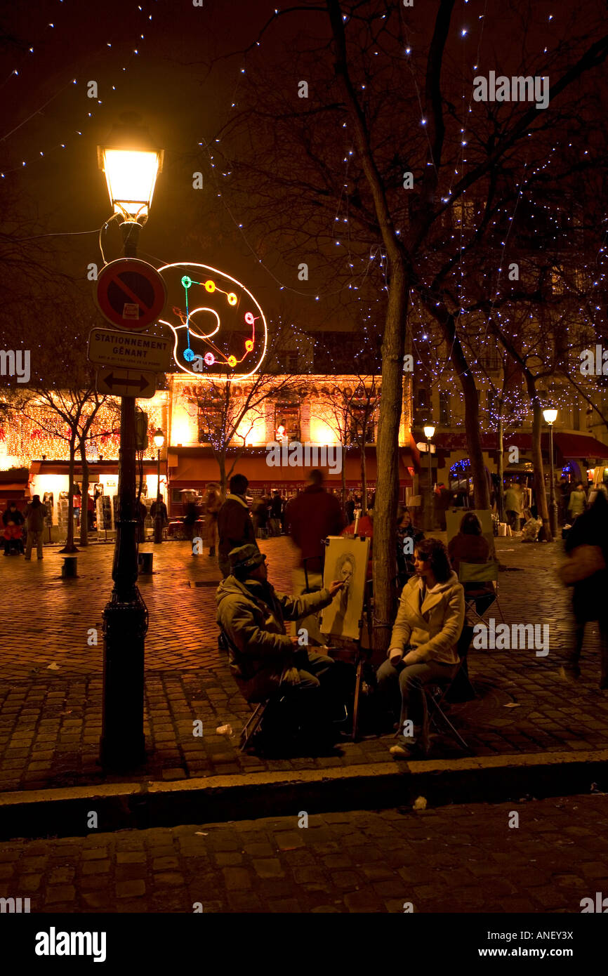 Night in the Place du Tertre in Montmartre Paris France Stock Photo