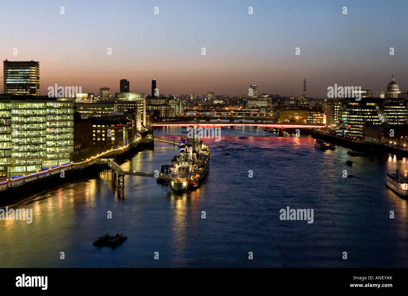 View of the River Thames from Tower Bridge in London. Stock Photo
