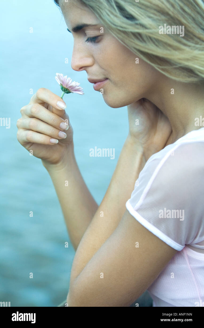 Young woman smelling flower, profile, close-up Stock Photo