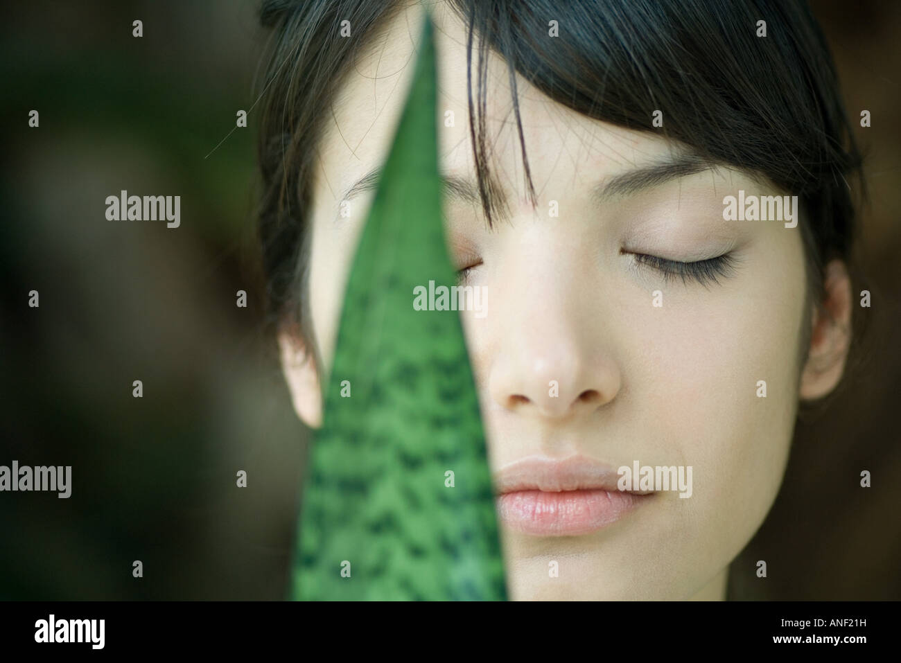 Snake plant leaf in front of woman's face, eyes closed, close-up Stock Photo