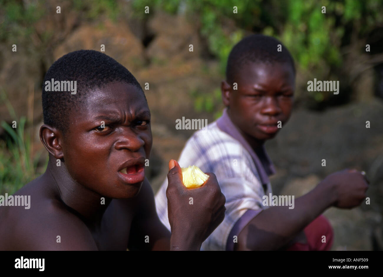 Portrait of pair of black young men eating fruit by Bujagali Falls Victoria Nile River Jinja Province Uganda East Africa Stock Photo