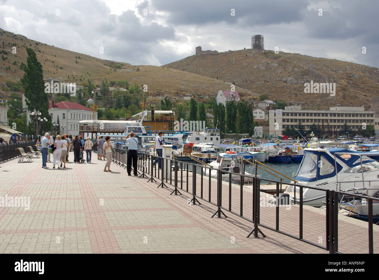 Balaclava bay harbour tourists and one time soviet nuclear submarine