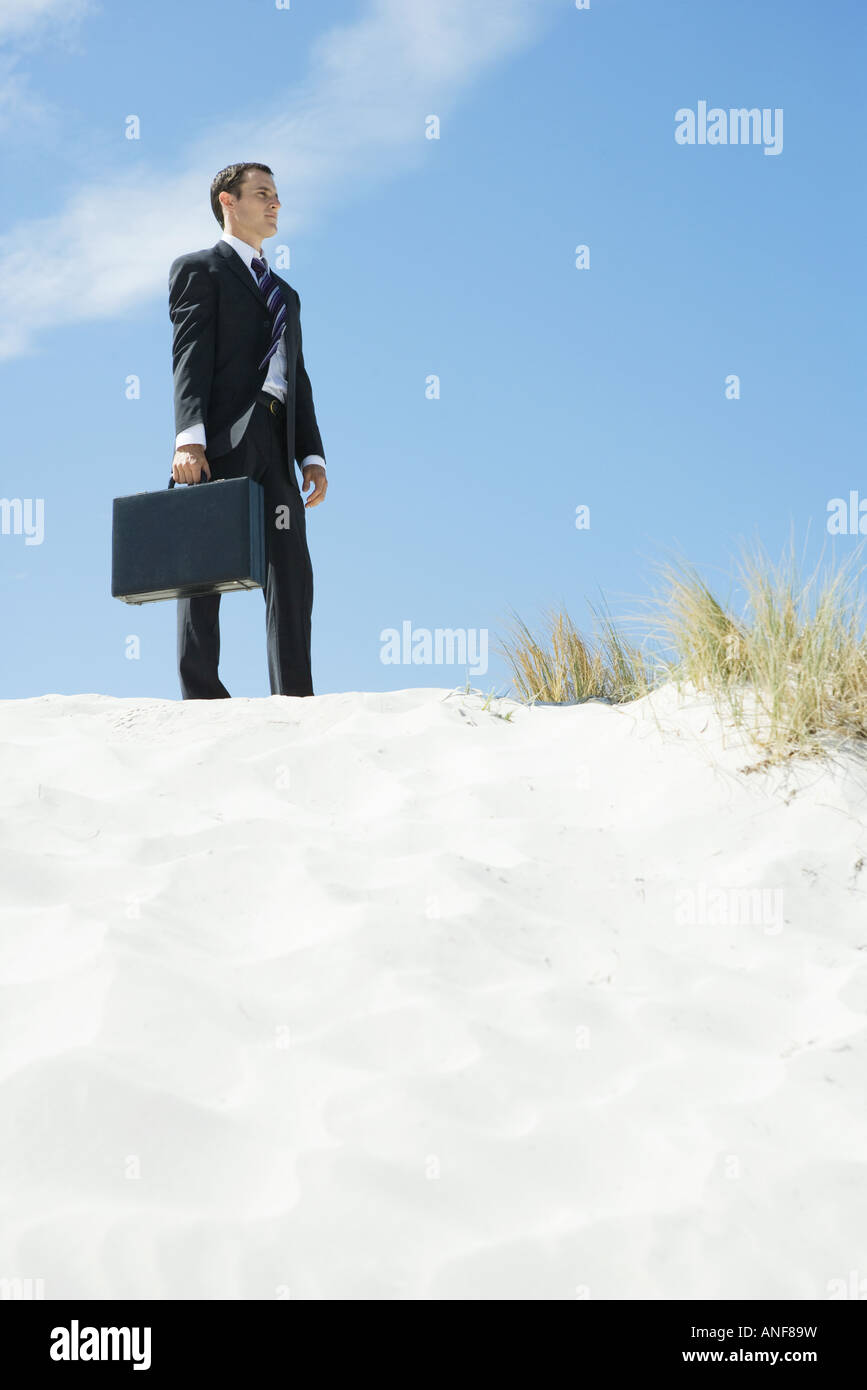 Businessman standing on sand dune, holding briefcase, low angle view Stock Photo