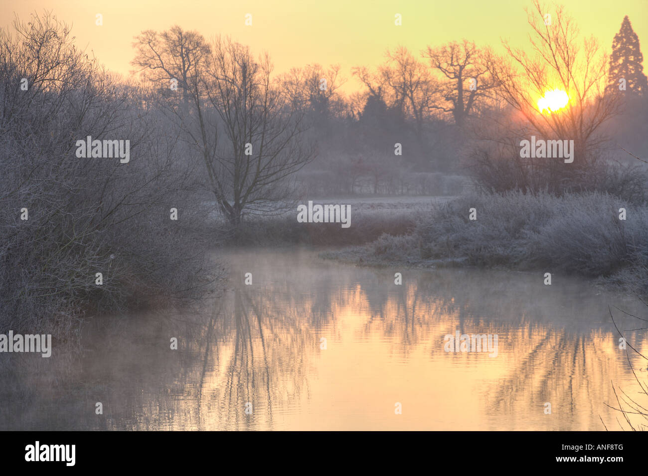 'River Cam' at Grantchester cambridge at dawn, sunrise on a frosty winter morning Stock Photo