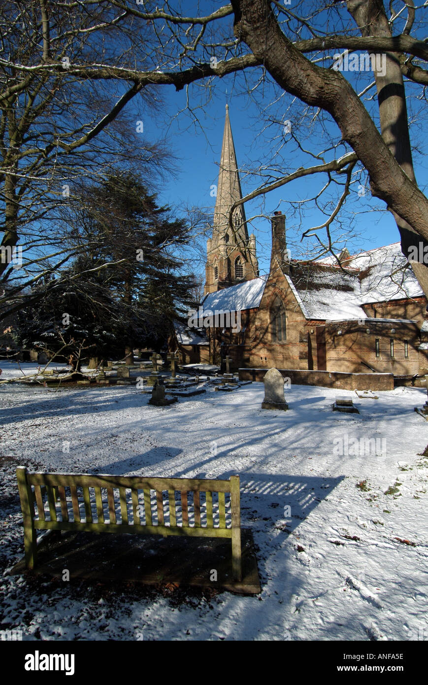 Galleywood parish church in winter snow setting Stock Photo
