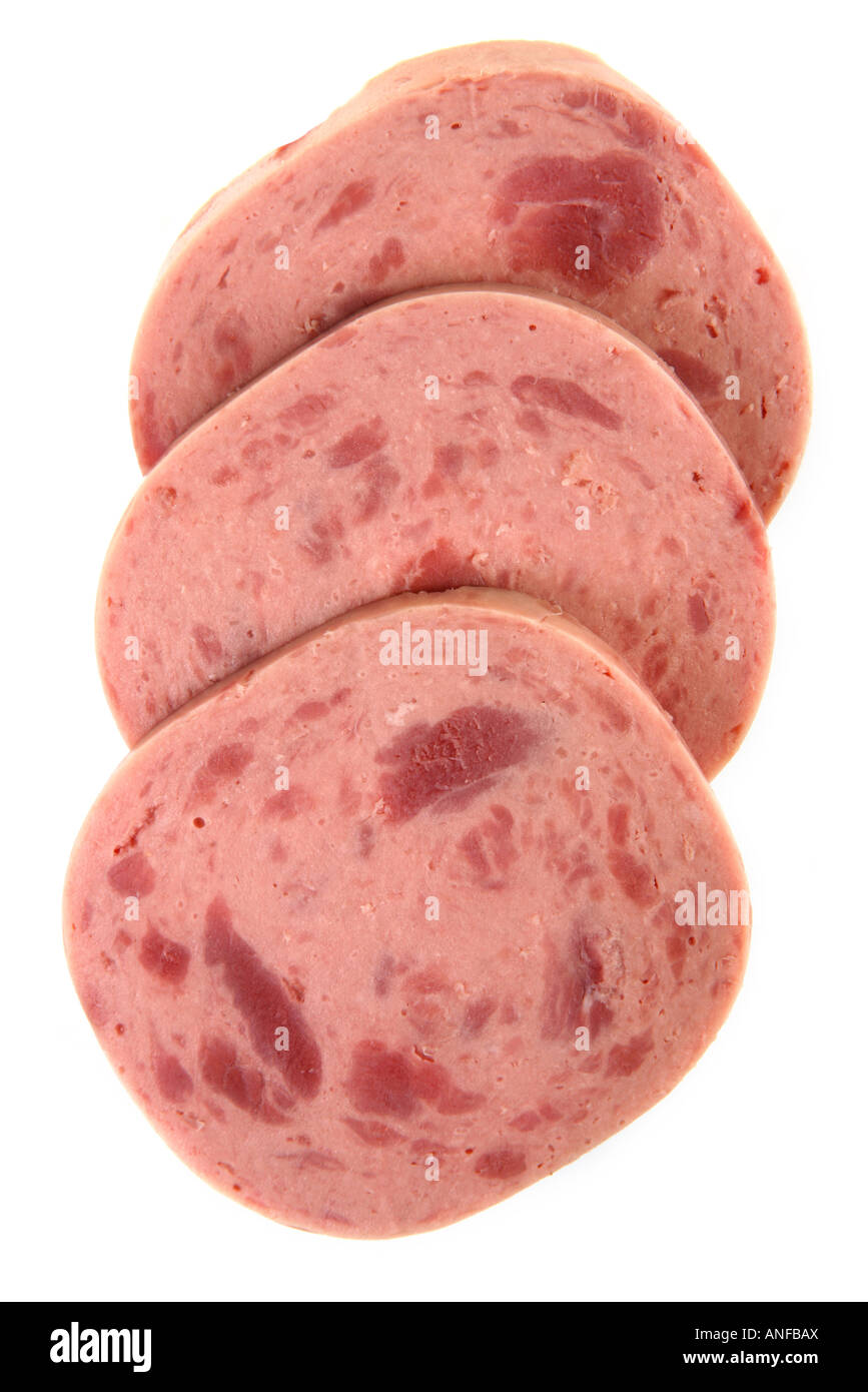 Sausage slice detail isolated on white background Stock Photo Alamy