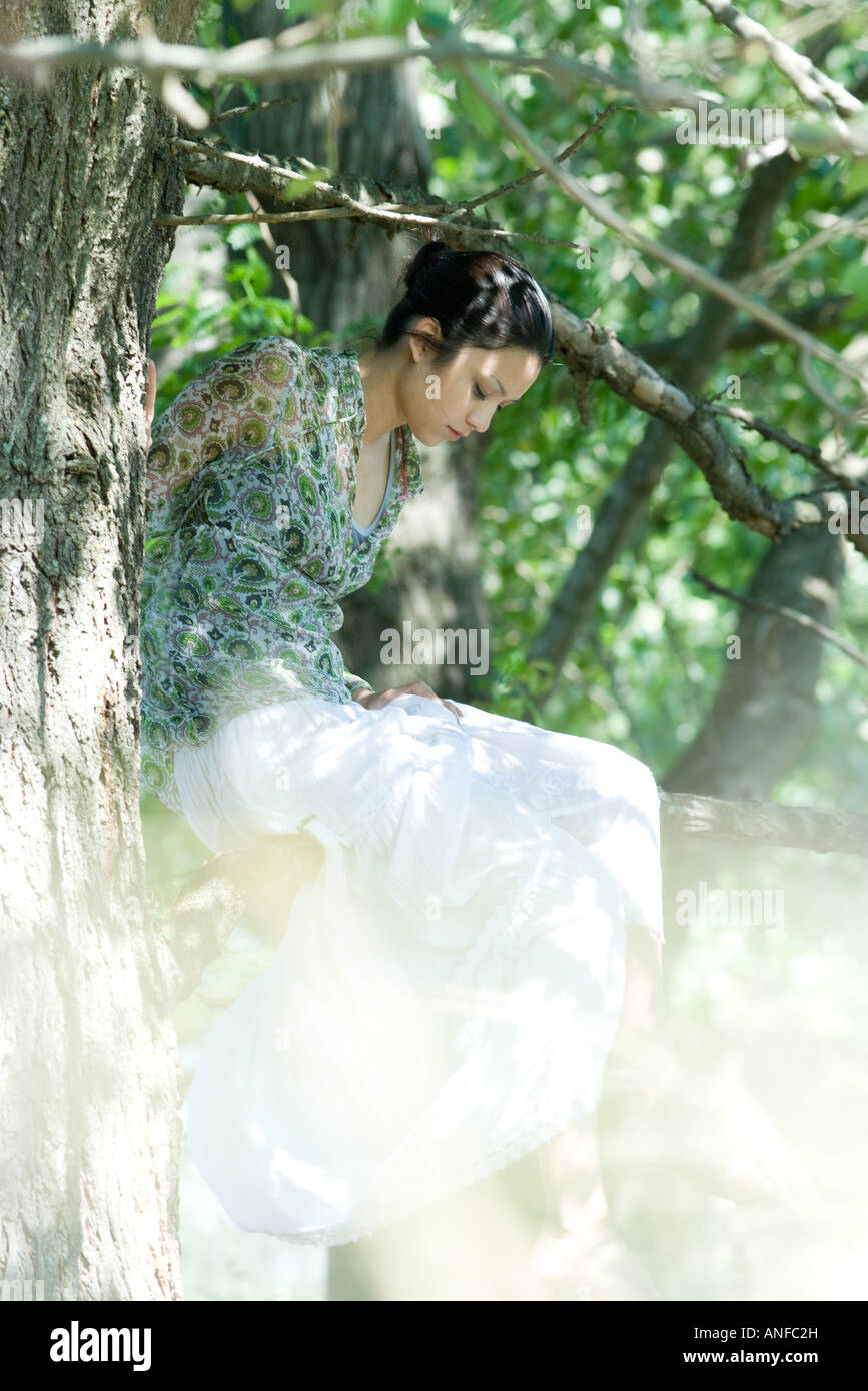 Young woman sitting in tree with eyes closed Stock Photo - Alamy