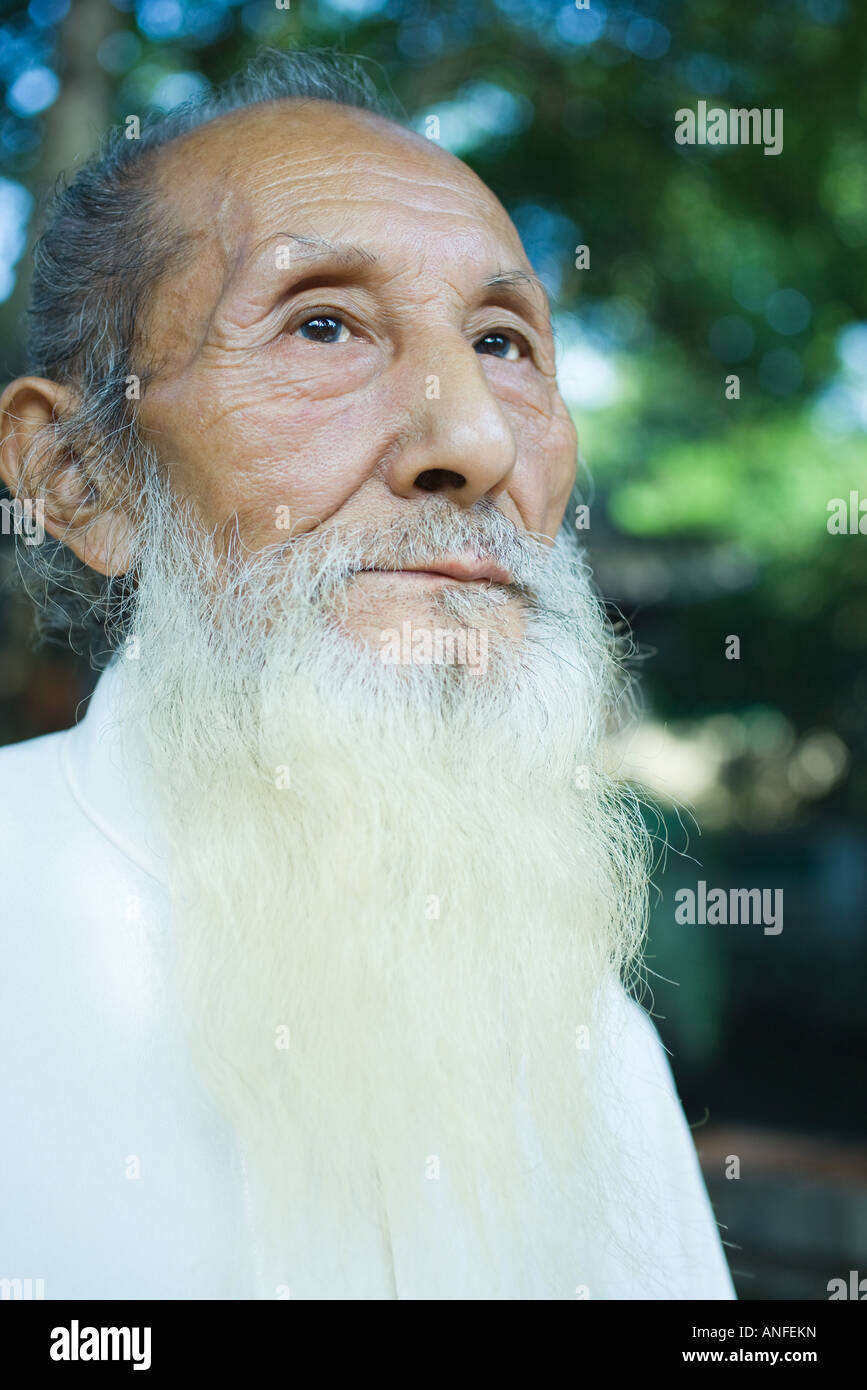 Elderly Man With Long White Beard Low Angle View Portrait Stock