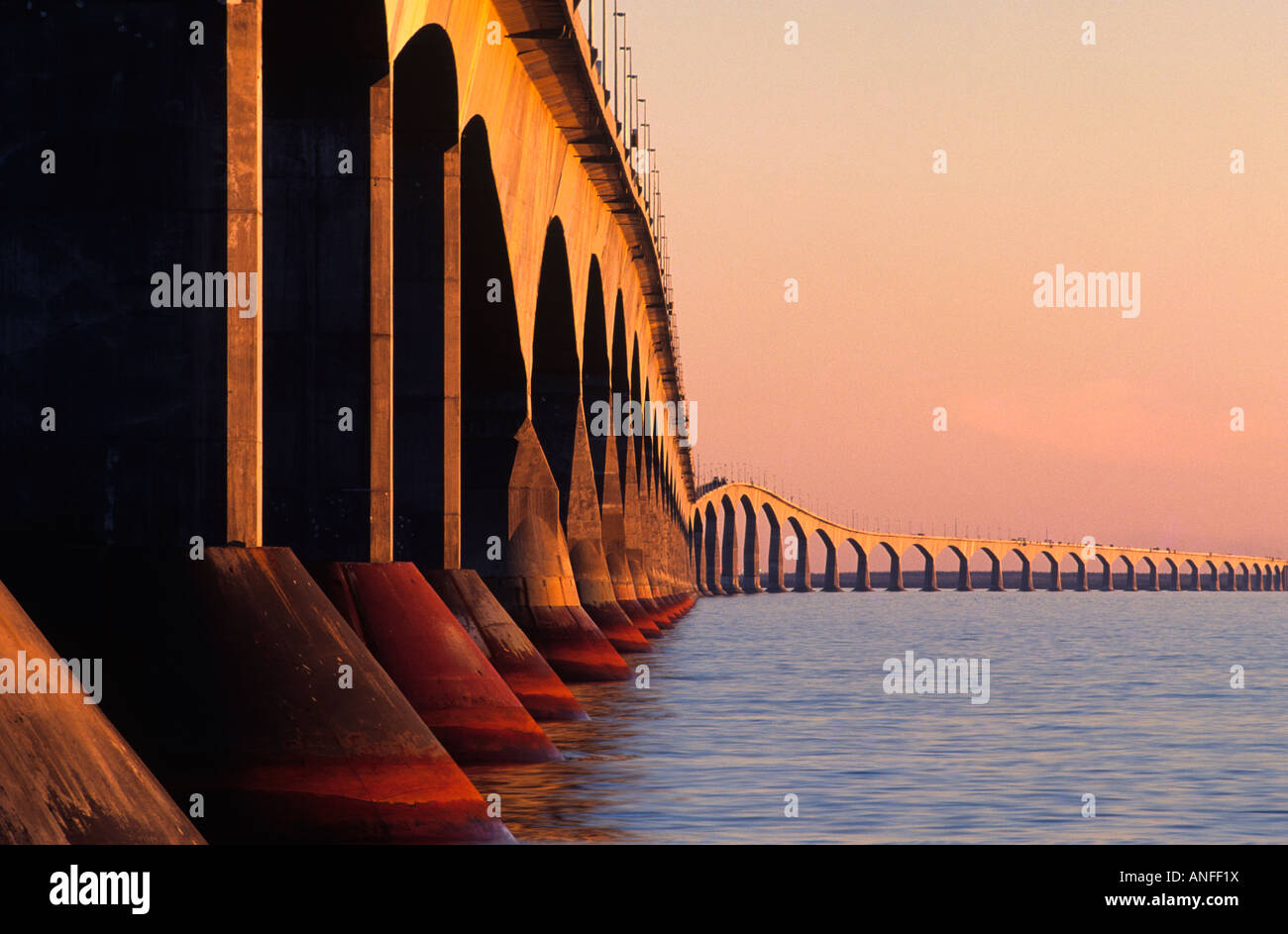 Confederation Bridge at dusk from the west side, Borden Carleton, Prince Edward Island, Canada Stock Photo