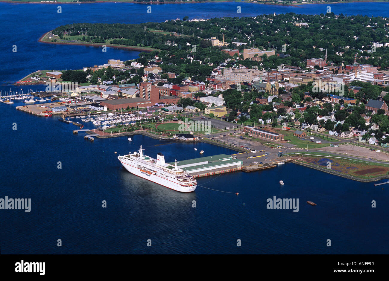 Aerial of Deutschland cruise ship docked at Charlottetown Harbour, Charlottetown, Prince Edward Island, Canada Stock Photo