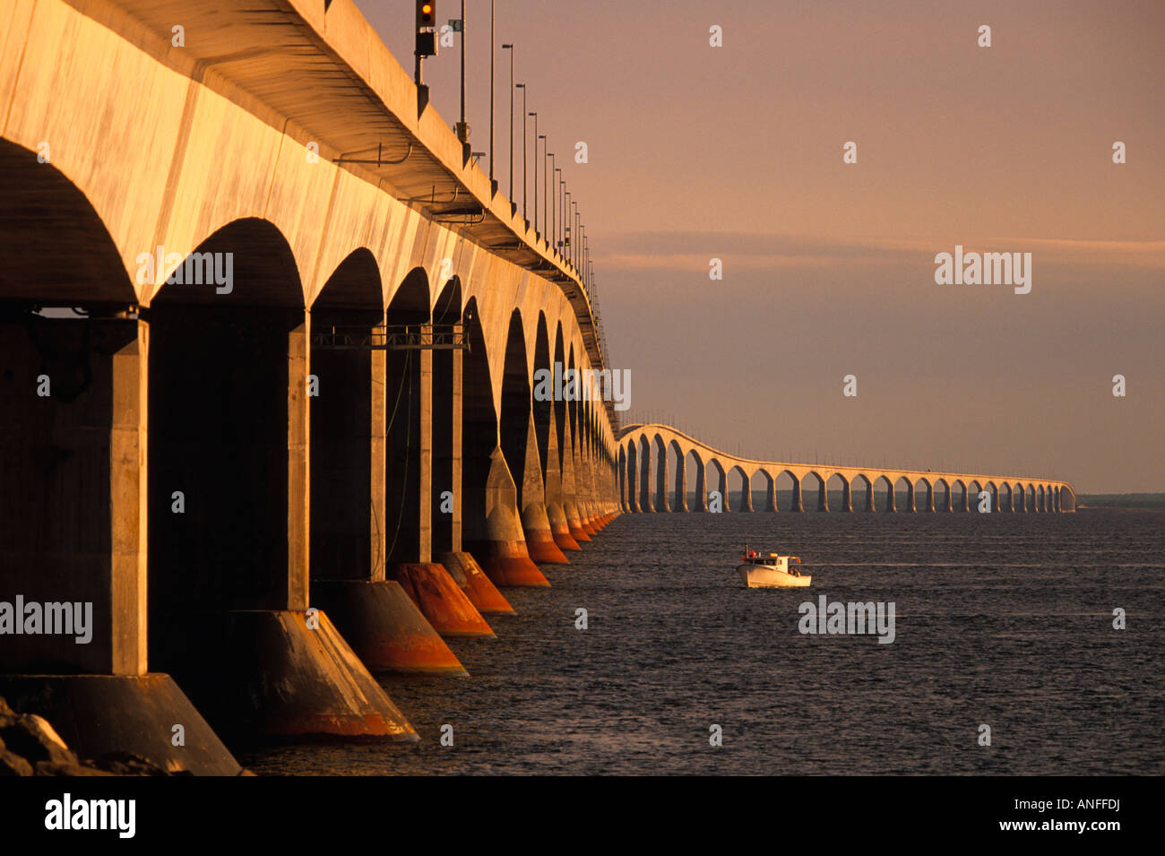 Confederation Bridge at dusk from the west side, Borden Carleton, Prince Edward Island, Canada Stock Photo