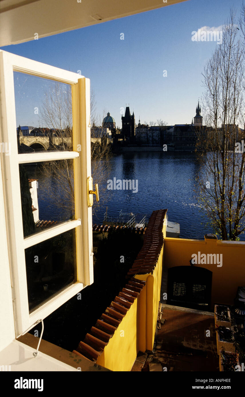 View of Charles Bridge and the old Town over the River Vltava from Na Kampe, Prague, Czech Republic Stock Photo