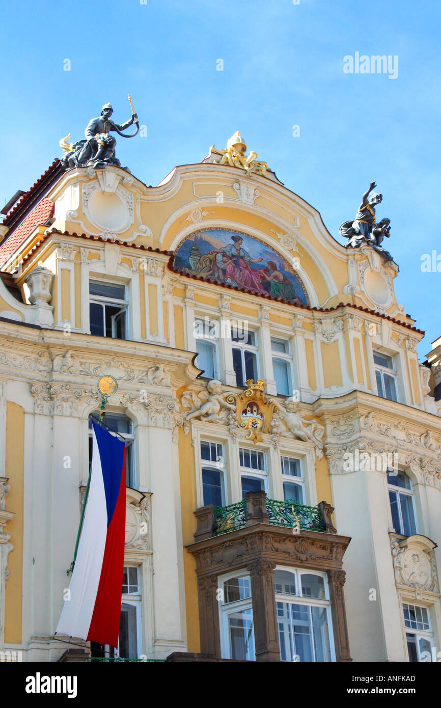 Prague Old Town Square  Ministry of Commerce with art nouveau style and mural Czech Republic Eastern Europe EU Stock Photo