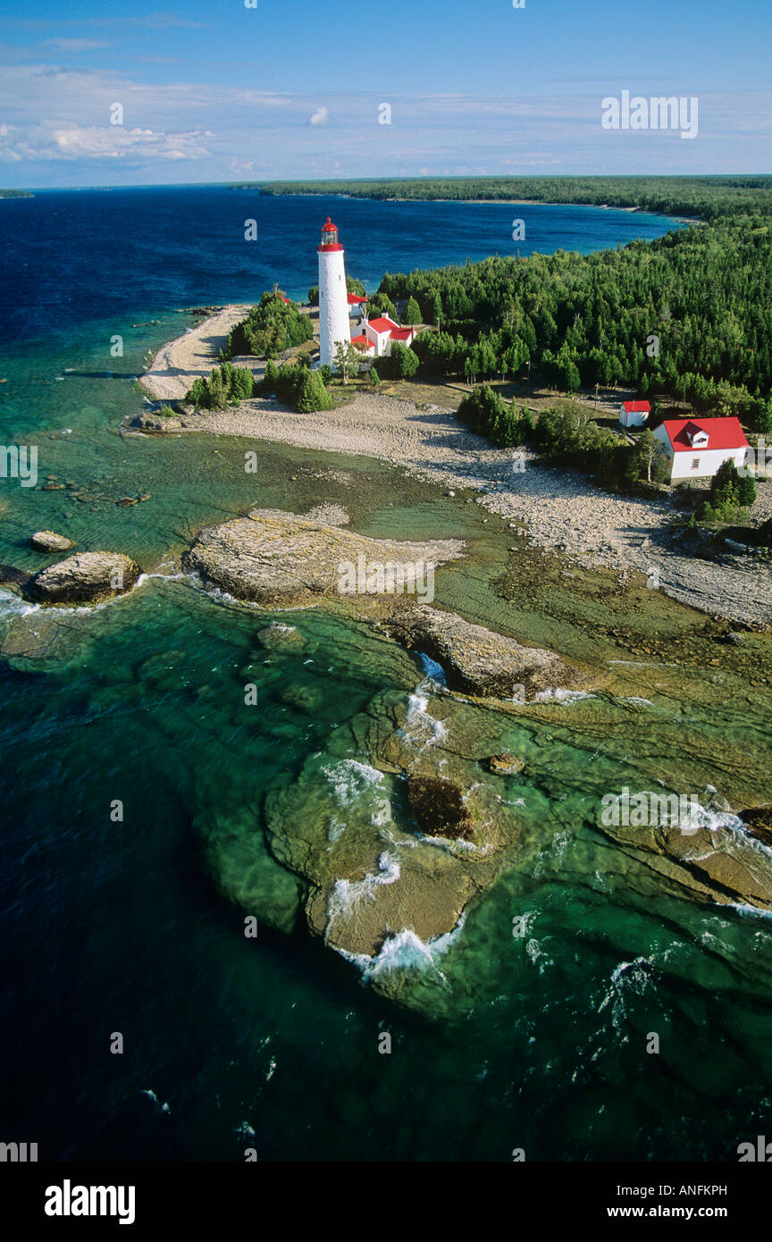 Aerial of cove island lighthouse on Bruce Peninsula, ontario, Canada