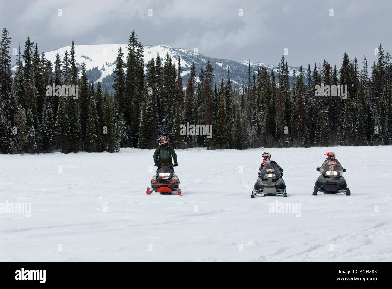 A family enjoys a day of snowmobiling near Sun Peaks Ski Resort, North