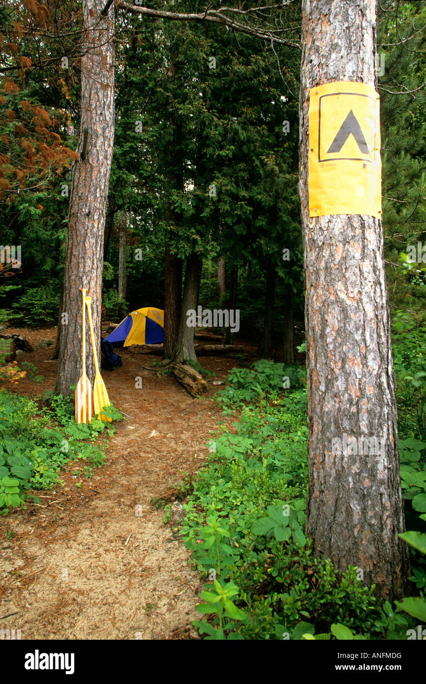 A backcountry campsite, accessed by canoeing, on Booth Lake, Algonquin Provincial Park, Ontario, Canada. Stock Photo