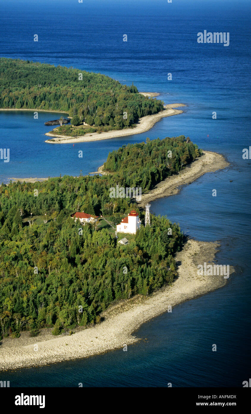 Aerial view of the Cabot Head Lightstation on the Bruce Peninsula, Georgian Bay, Ontario, Canada. Stock Photo