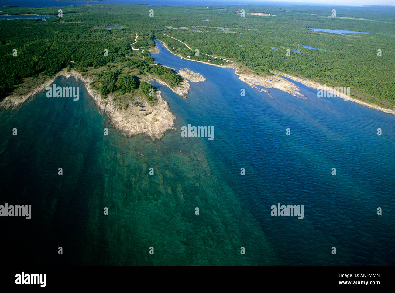 Aerial view of Baptist Harbour, Lake Huron shoreline near Tobermory