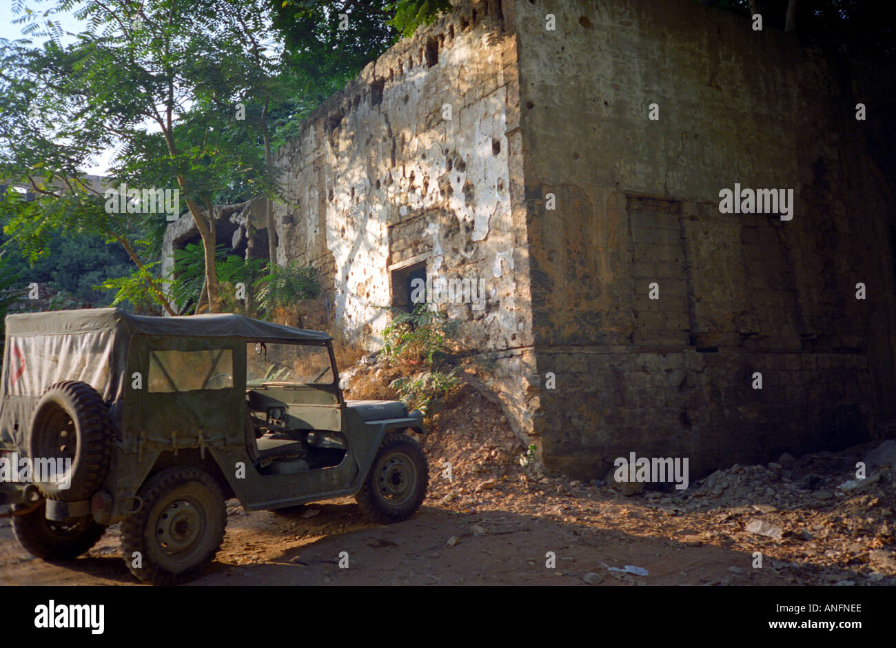 Military jeep by war torn building in Beirut, Lebanon Stock Photo Alamy
