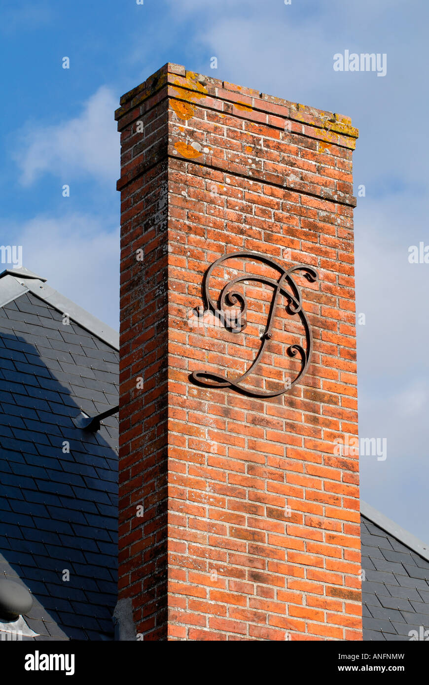 'D' letter decorating chimney stack, Indre et Loire, France. Stock Photo