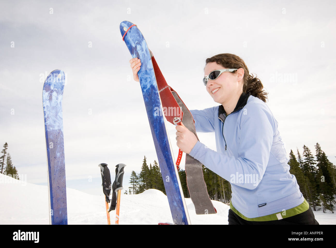 A woman attaches her climbing skins to her backcountry skis in preparation for climbing up the hill for another run. Strathcona Stock Photo