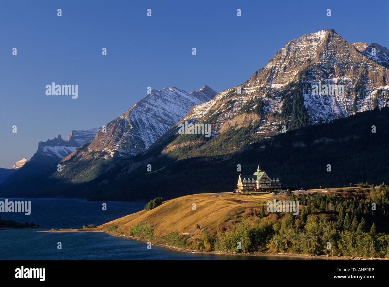 Sunrise, Prince of Wales Hotel, Waterton-Glacier International Peace Park, Alberta, Canada. Stock Photo