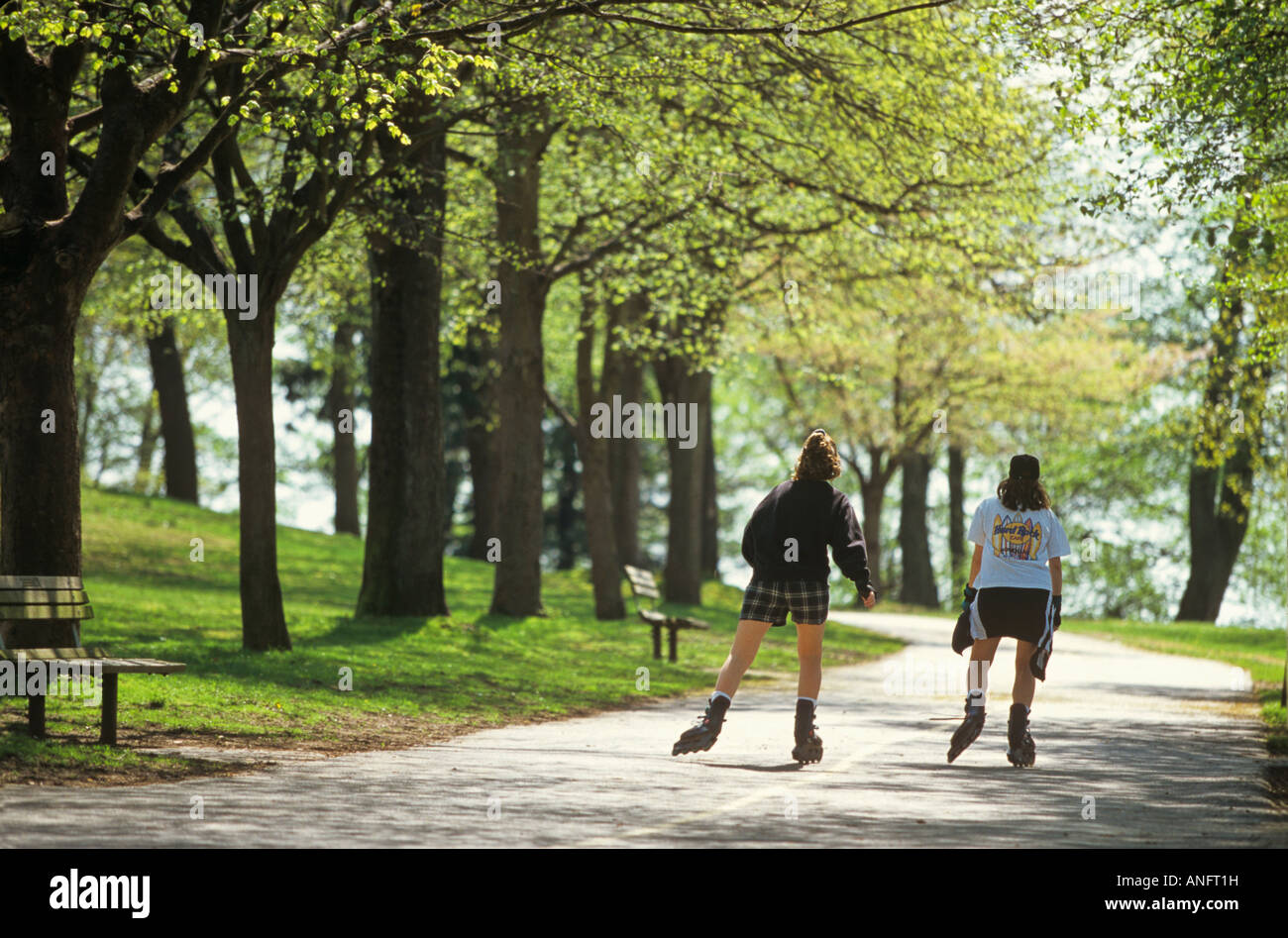 Girls rollerskating a spring day in Stanley Park national Historic