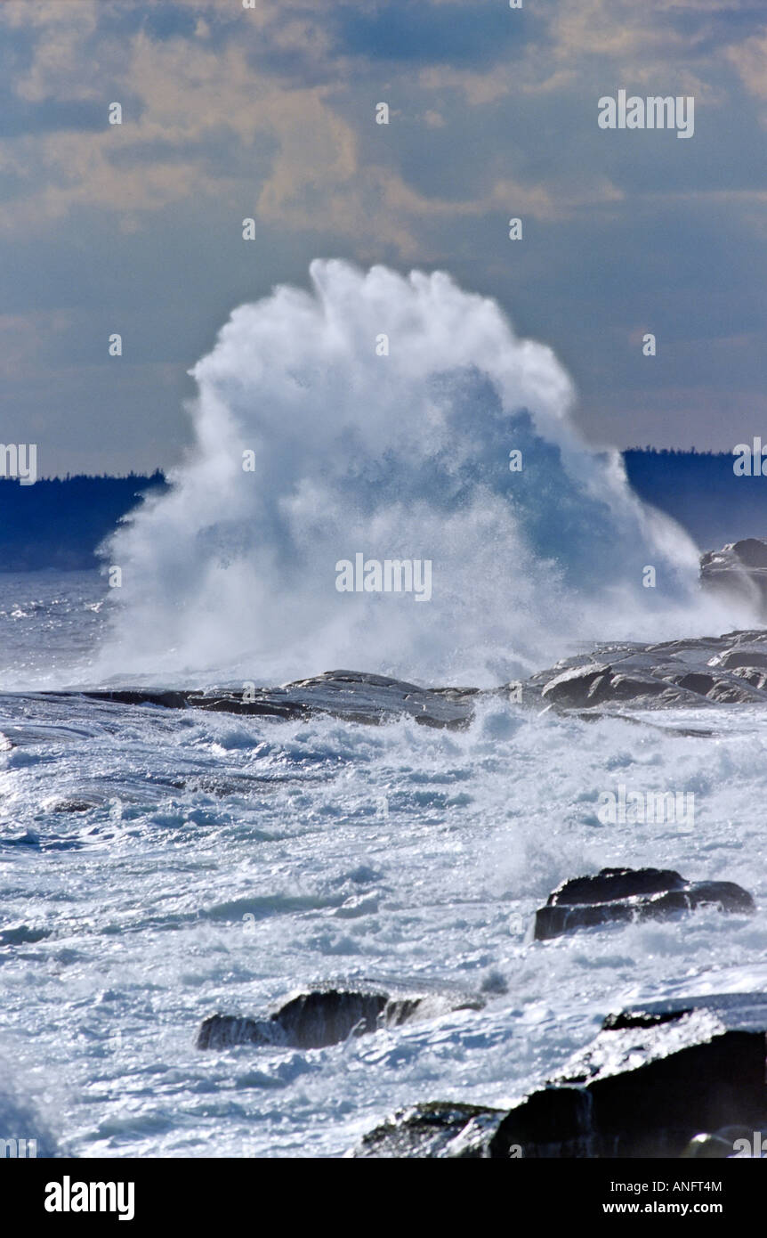 Waves breaking on rocks at Peggy's Cove during storm, Nova Scotia