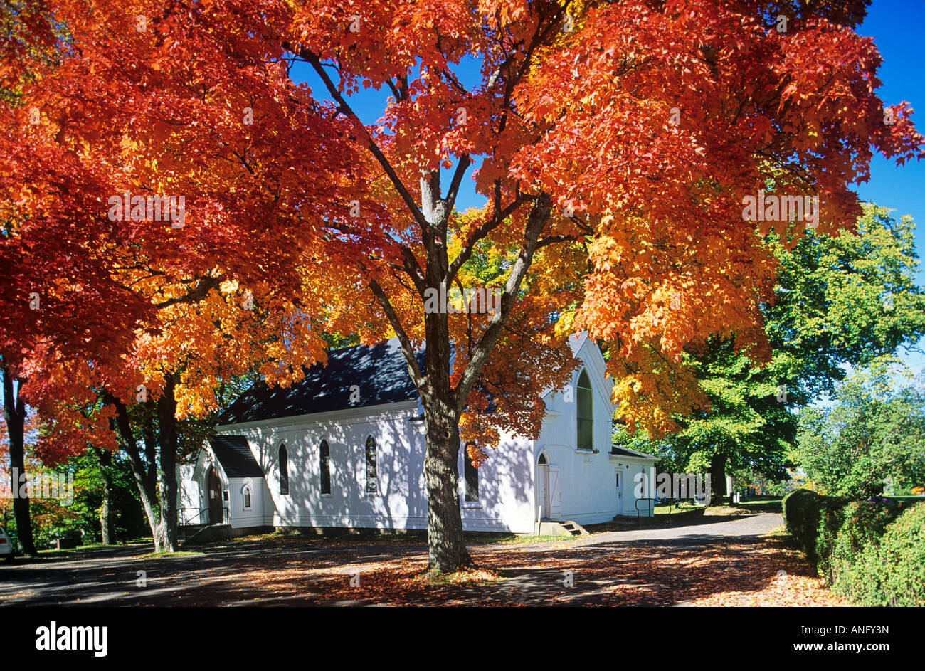 Church surrounded by red maple tree fall foliage, kentville, Annapolis valley, Nova Scotia, Canada. Stock Photo