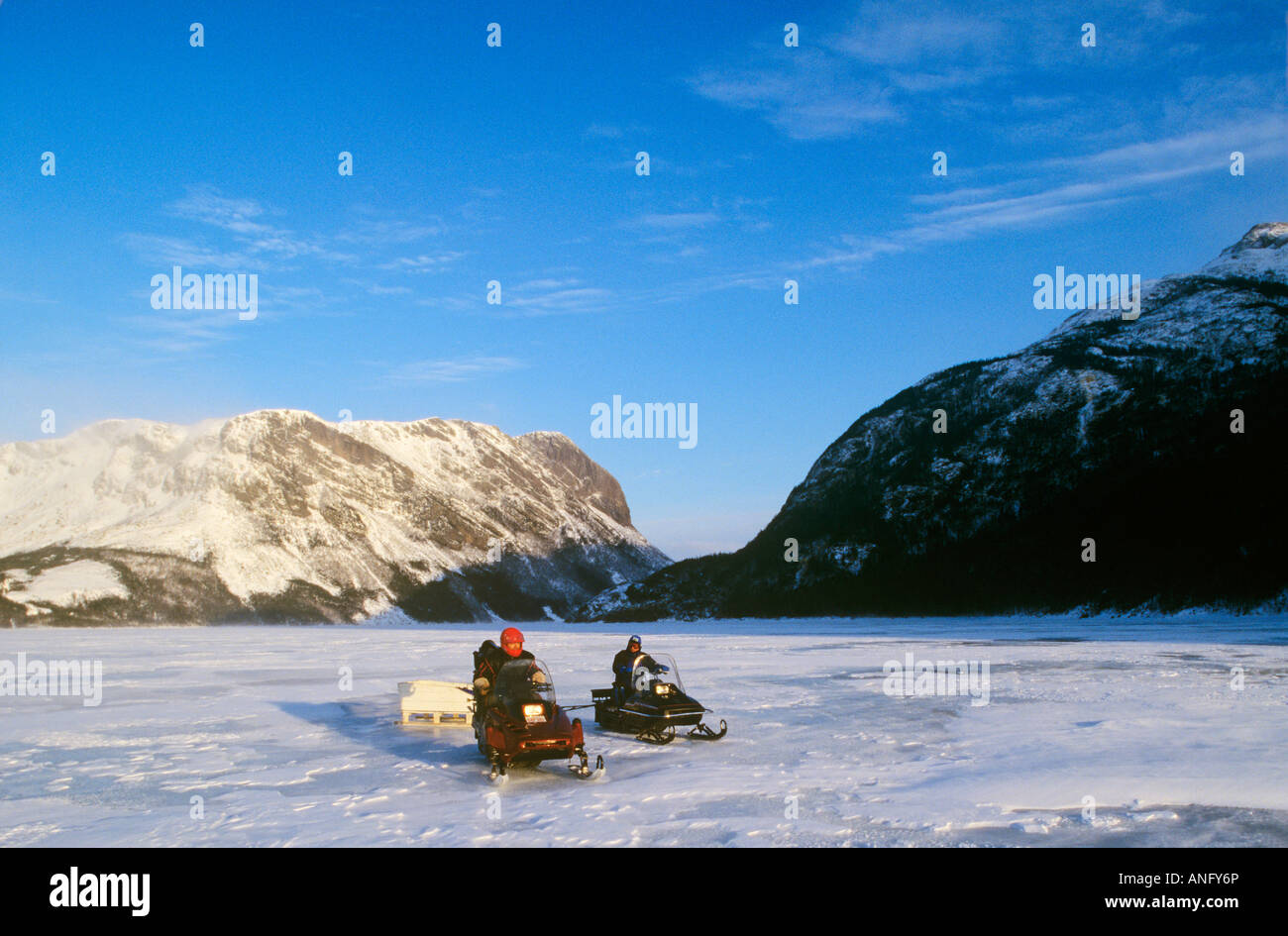 Snowmobiling, Gros Morne National Park, Newfoundland, Canada. Stock Photo