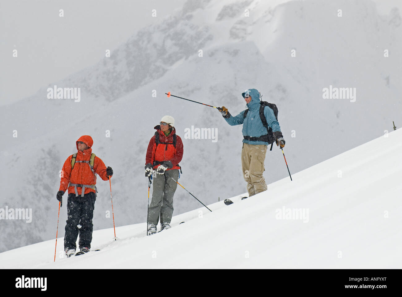 A guided backcountry ski group at MacGillivray Pass being shown some