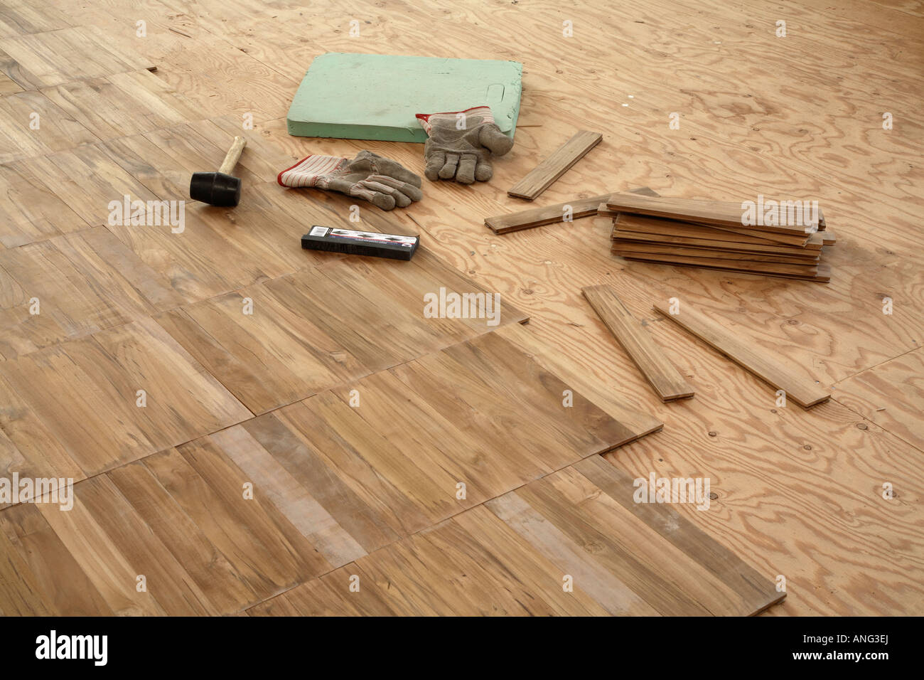 Construction Installing Tongue Groove Sub Floor Stock Photos