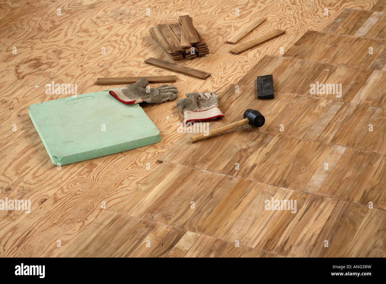 Construction Installing Tongue Groove Sub Floor Stock Photos